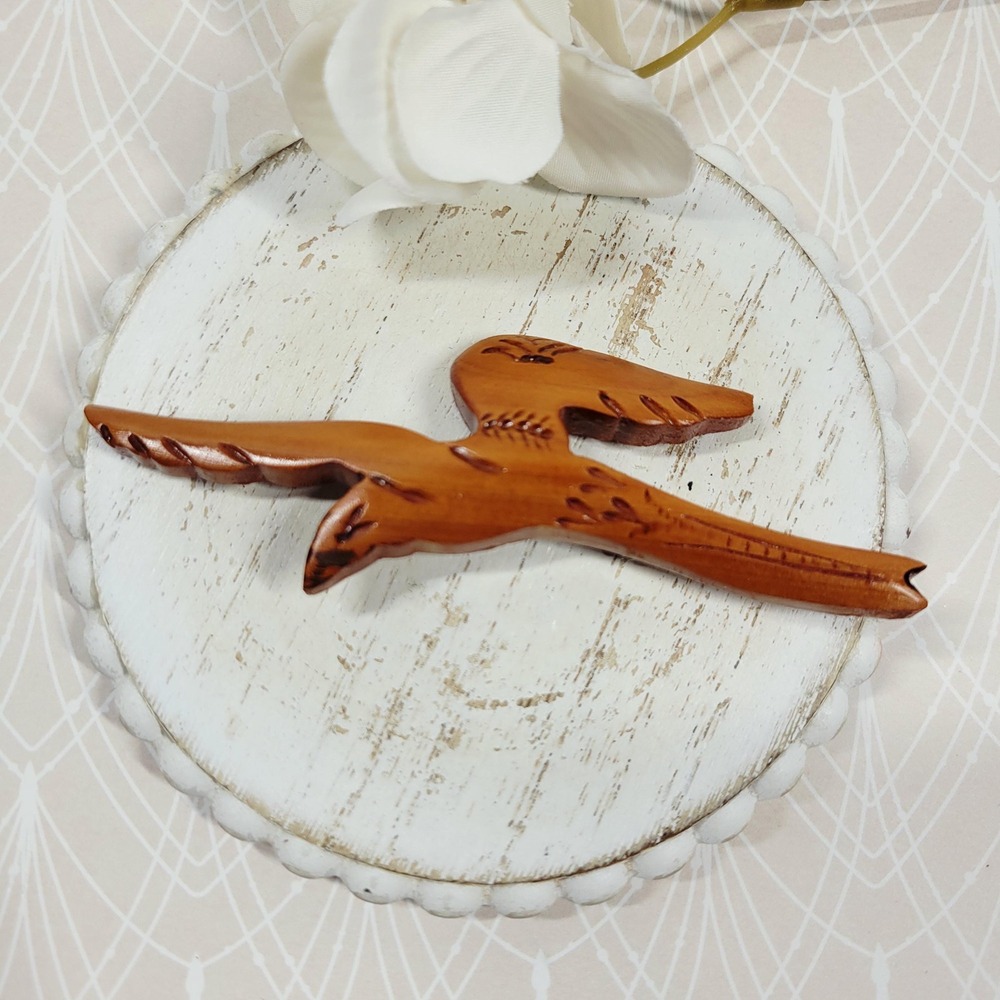 VTG John Davis Bermuda Hand Carved Wooden Longtail Bird Brooch Pin Mid Century
